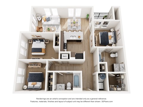 Floor plan for 3 beds, 2 baths, 1088 sqft